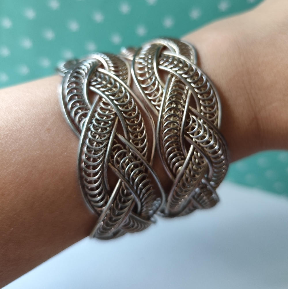 4/$50⭐️Vintage chunky wide silver tone braided metal cuff bracelet